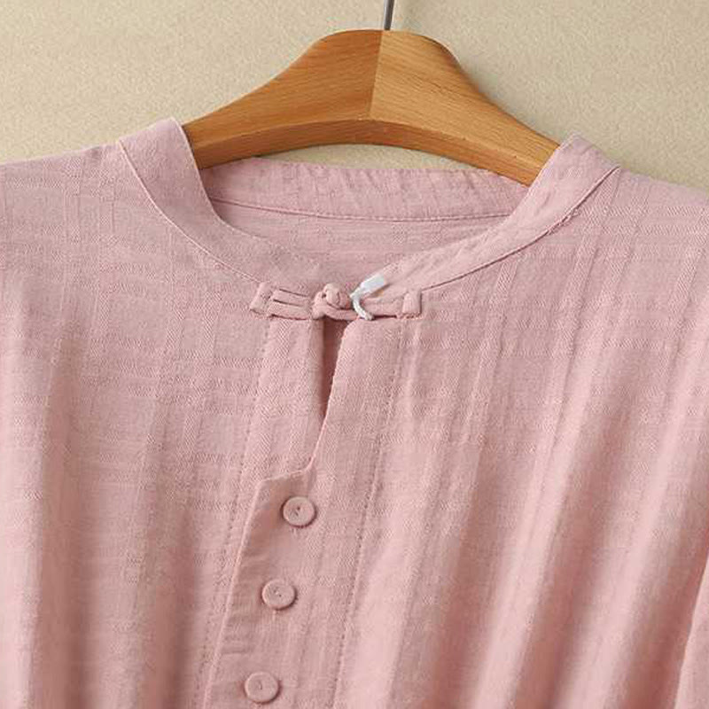 Buddha Stones Retro Solid Color Drawstring Frog-Button Design Long Sleeve Cotton Linen Midi Dress With Pockets