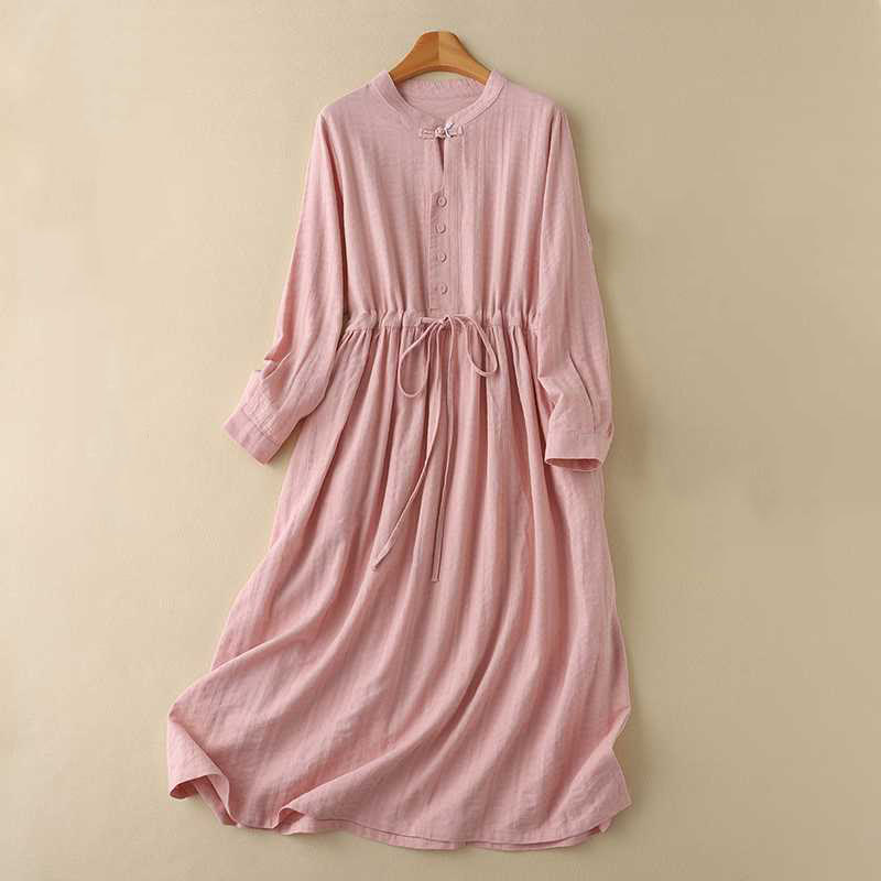 Buddha Stones Retro Solid Color Drawstring Frog-Button Design Long Sleeve Cotton Linen Midi Dress With Pockets