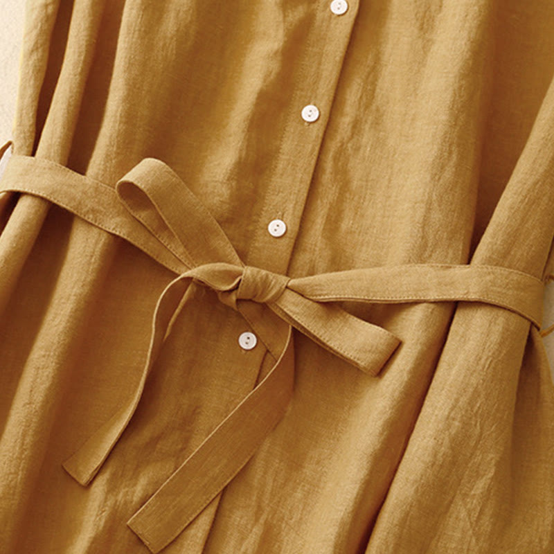 Buddha Stones Summer Plain Lace-up Button Front Design Lapel Sleeveless Cotton Midi Dress Cardigan