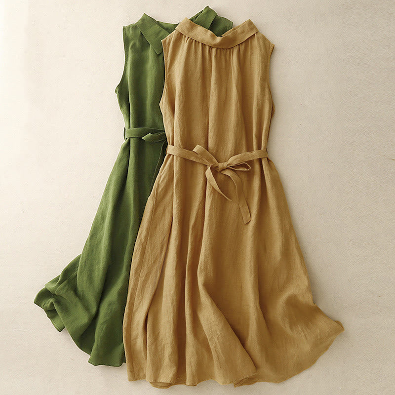 Buddha Stones Summer Plain Lace-up Button Front Design Lapel Sleeveless Cotton Midi Dress Cardigan