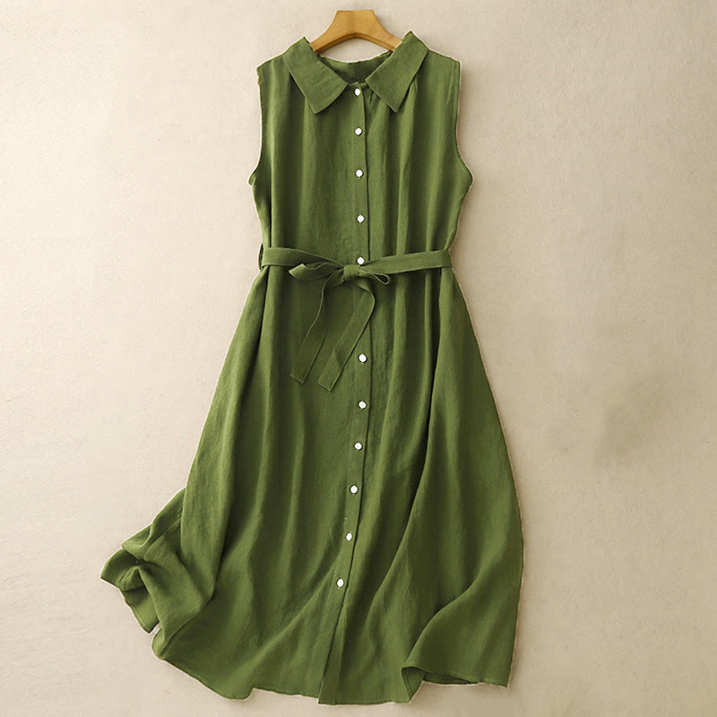 Buddha Stones Summer Plain Lace-up Button Front Design Lapel Sleeveless Cotton Midi Dress Cardigan