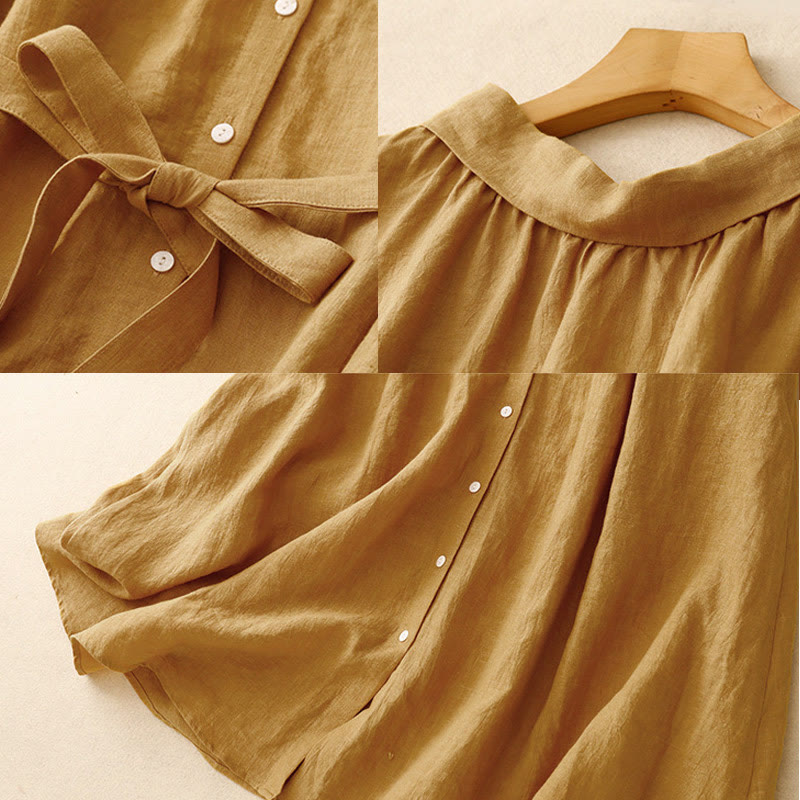 Buddha Stones Summer Plain Lace-up Button Front Design Lapel Sleeveless Cotton Midi Dress Cardigan