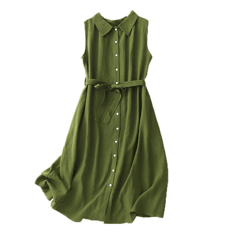 Buddha Stones Summer Plain Lace-up Button Front Design Lapel Sleeveless Cotton Midi Dress Cardigan