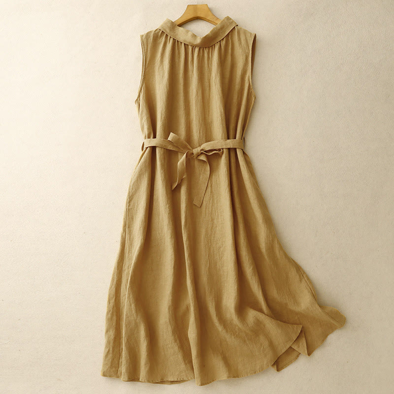 Buddha Stones Summer Plain Lace-up Button Front Design Lapel Sleeveless Cotton Midi Dress Cardigan