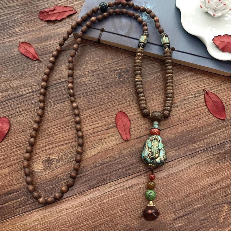 FREE Today: Peace and Protection Tibetan Handmade Wenge Wood Dzi Bead Elephant Head Necklace Pendant