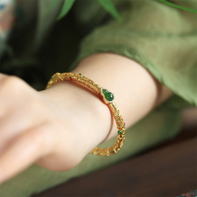 Buddha Stones Cyan Jade Copper Plated Gold Auspicious Clouds Gourd Luck Bracelet Bangle