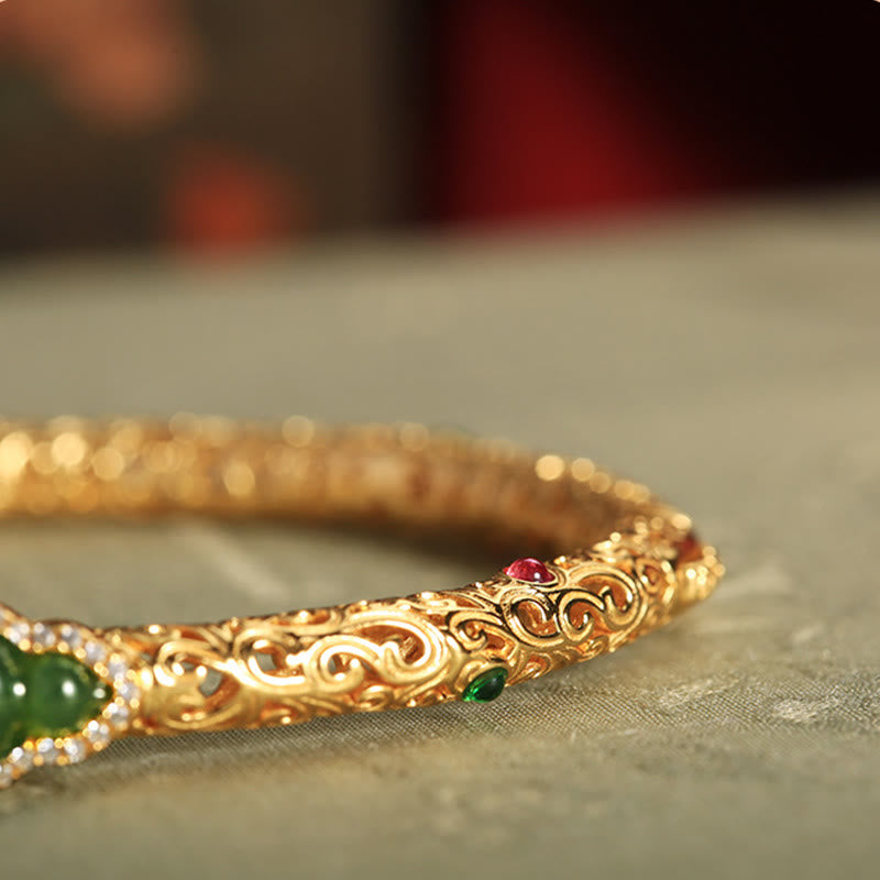 Buddha Stones Cyan Jade Copper Plated Gold Auspicious Clouds Gourd Luck Bracelet Bangle