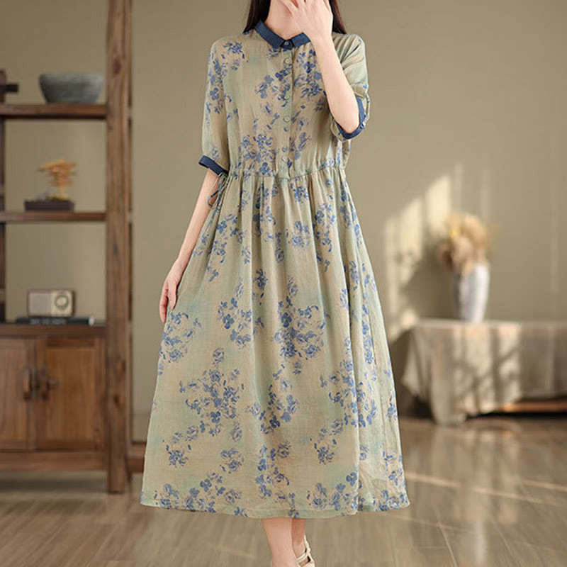 Buddha Stones Retro Printing Floral Pattern Drawstring Design Half Sleeve Cotton Midi Dress With Pockets