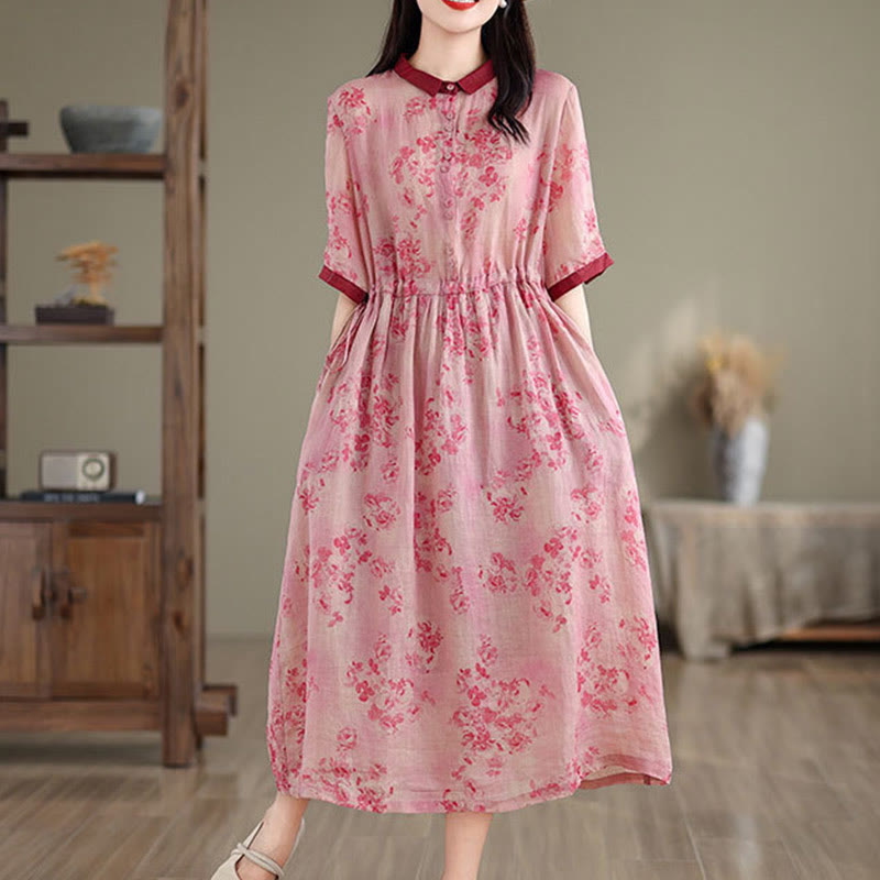 Buddha Stones Retro Printing Floral Pattern Drawstring Design Half Sleeve Cotton Midi Dress With Pockets