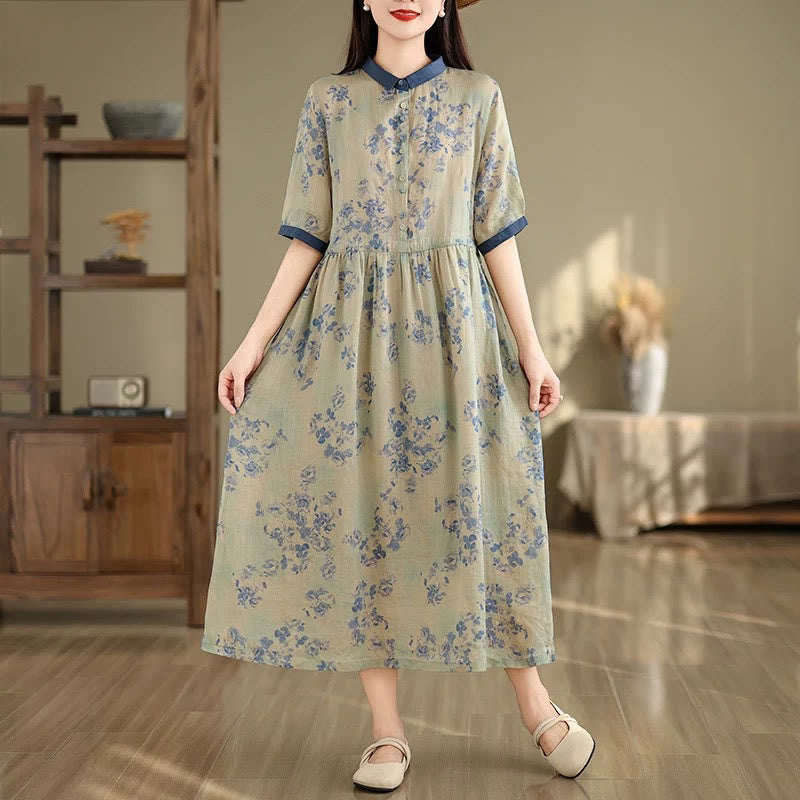 Buddha Stones Retro Printing Floral Pattern Drawstring Design Half Sleeve Cotton Midi Dress With Pockets
