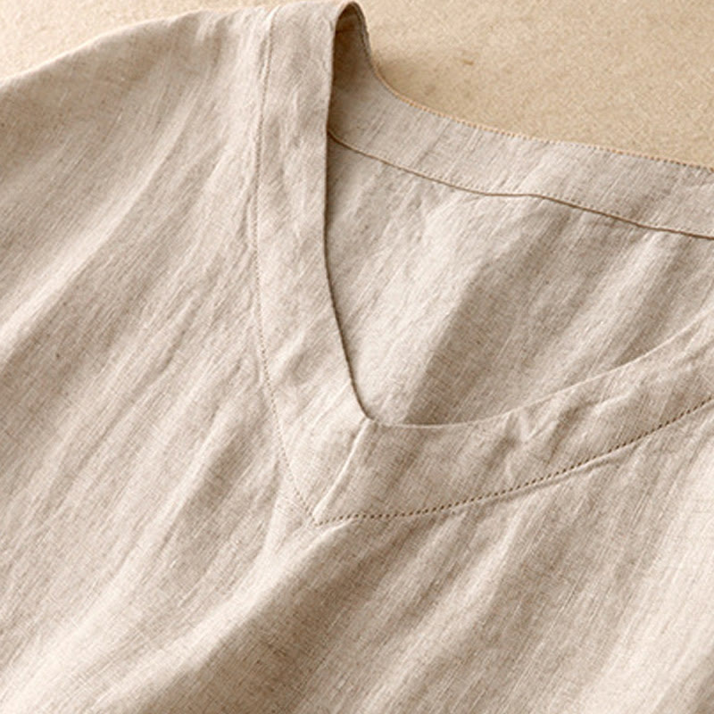 Buddha Stones Casual Artistic Solid Color Simple Design High Waist Short Sleeve Cotton Linen Midi Dress With Pockets