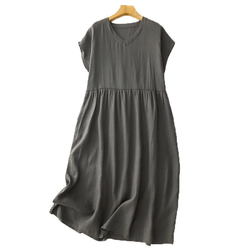 Buddha Stones Casual Artistic Solid Color Simple Design High Waist Short Sleeve Cotton Linen Midi Dress With Pockets