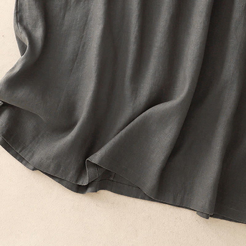 Buddha Stones Casual Artistic Solid Color Simple Design High Waist Short Sleeve Cotton Linen Midi Dress With Pockets