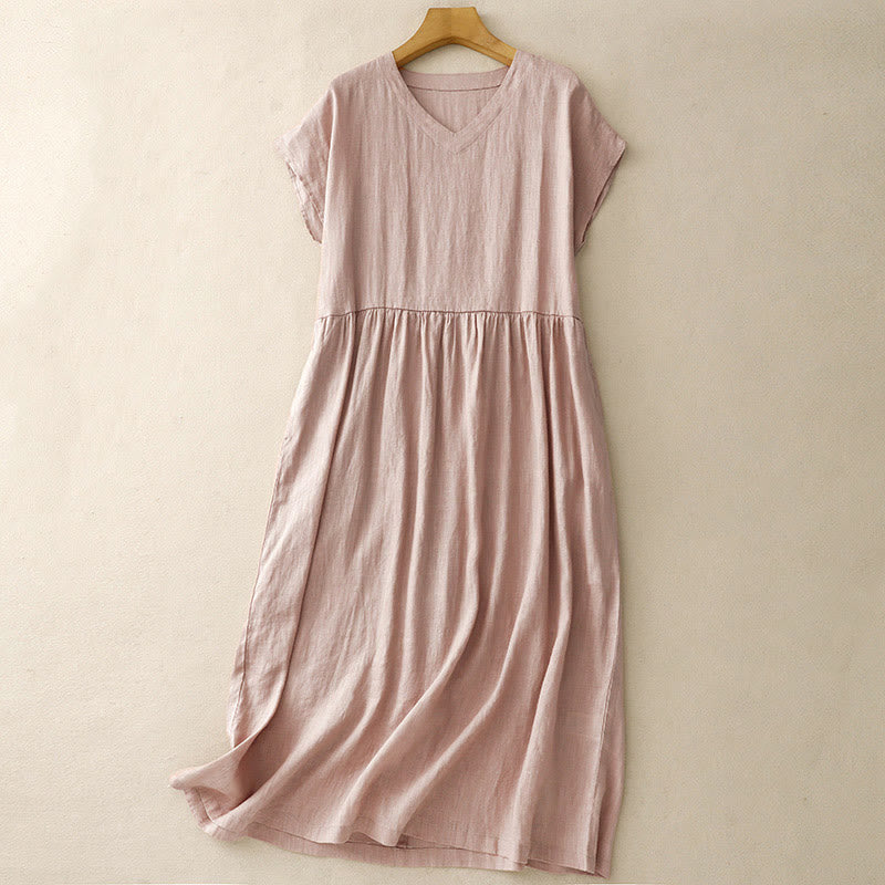 Buddha Stones Casual Artistic Solid Color Simple Design High Waist Short Sleeve Cotton Linen Midi Dress With Pockets