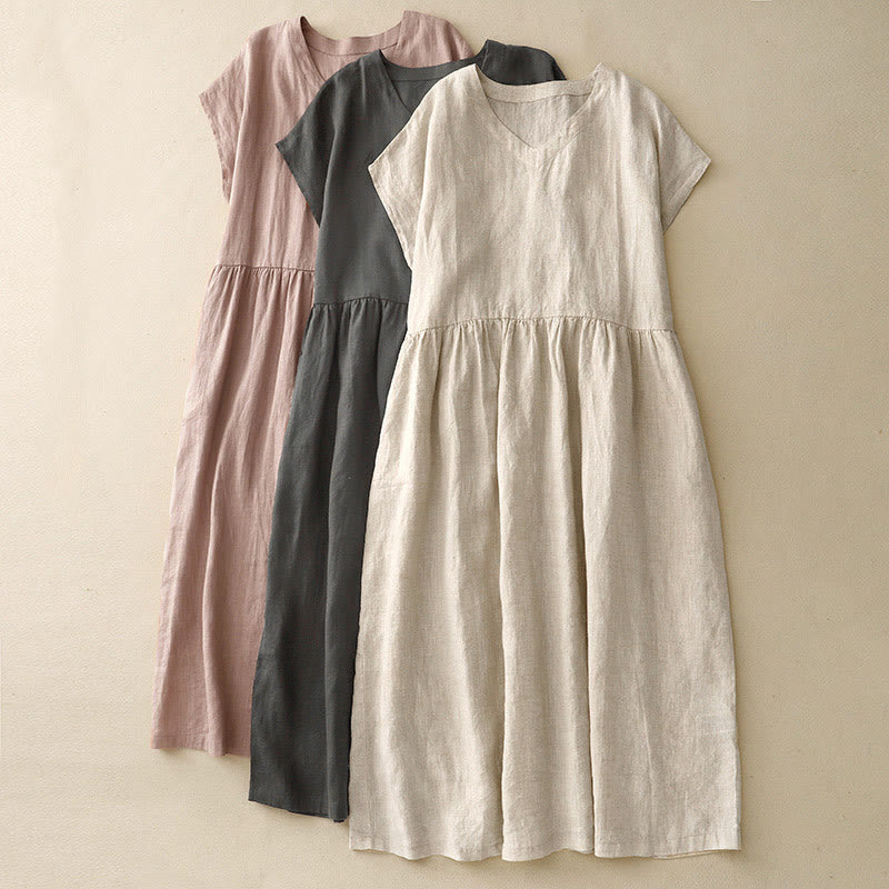 Buddha Stones Casual Artistic Solid Color Simple Design High Waist Short Sleeve Cotton Linen Midi Dress With Pockets