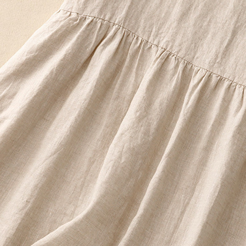 Buddha Stones Casual Artistic Solid Color Simple Design High Waist Short Sleeve Cotton Linen Midi Dress With Pockets