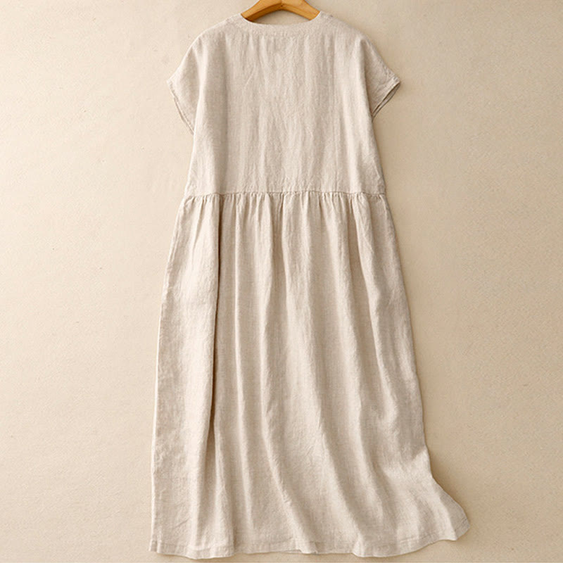 Buddha Stones Casual Artistic Solid Color Simple Design High Waist Short Sleeve Cotton Linen Midi Dress With Pockets