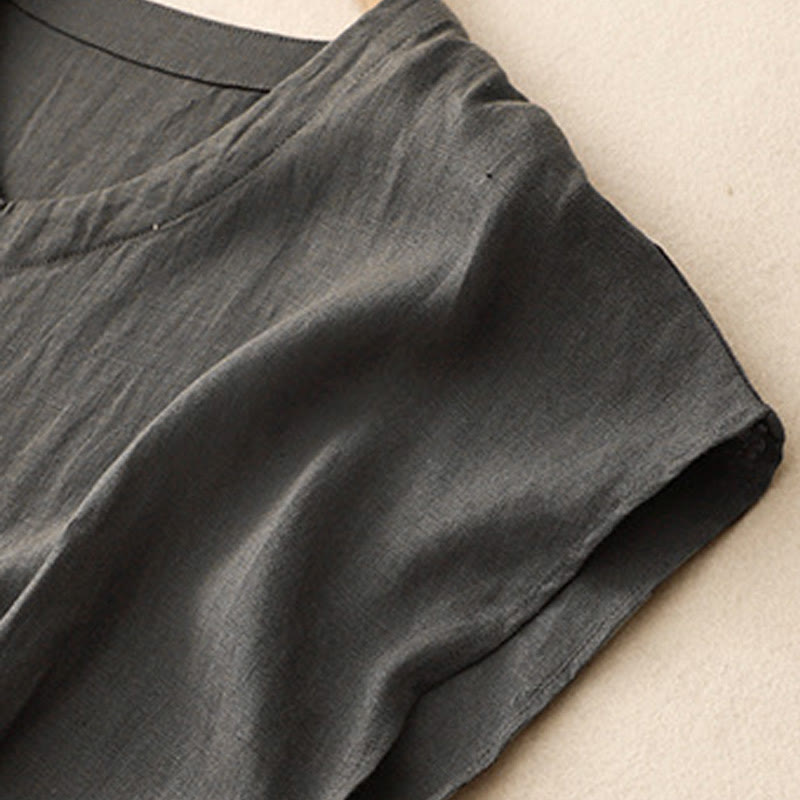 Buddha Stones Casual Artistic Solid Color Simple Design High Waist Short Sleeve Cotton Linen Midi Dress With Pockets