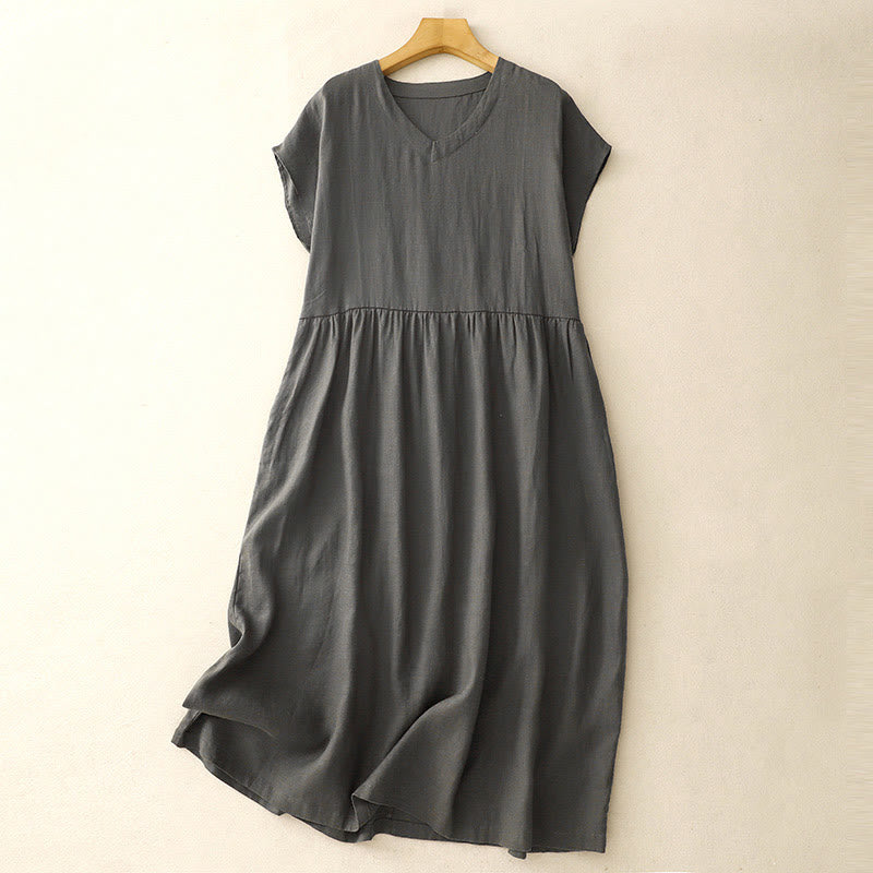 Buddha Stones Casual Artistic Solid Color Simple Design High Waist Short Sleeve Cotton Linen Midi Dress With Pockets