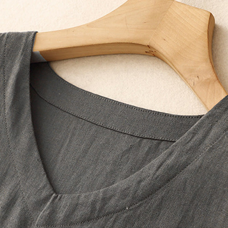 Buddha Stones Casual Artistic Solid Color Simple Design High Waist Short Sleeve Cotton Linen Midi Dress With Pockets