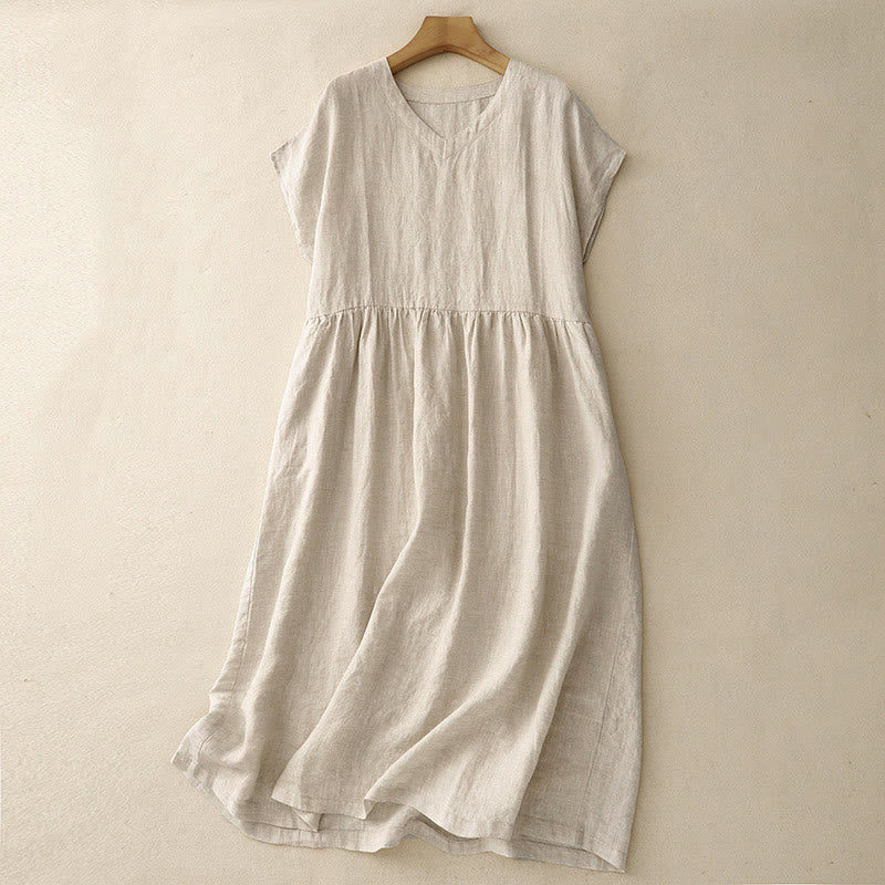 Buddha Stones Casual Artistic Solid Color Simple Design High Waist Short Sleeve Cotton Linen Midi Dress With Pockets