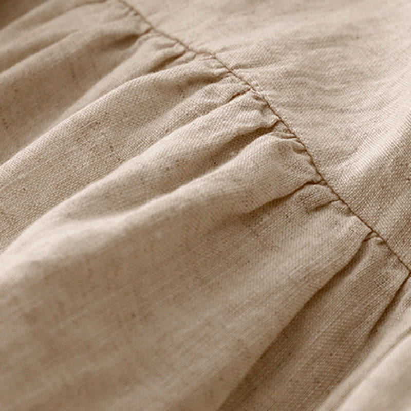 Buddha Stones Casual Artistic Solid Color Simple Design High Waist Short Sleeve Cotton Linen Midi Dress With Pockets
