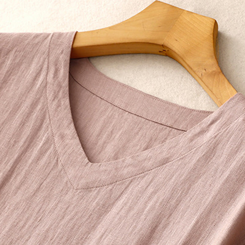 Buddha Stones Casual Artistic Solid Color Simple Design High Waist Short Sleeve Cotton Linen Midi Dress With Pockets