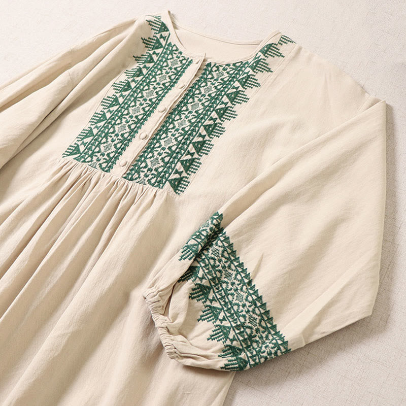 Buddha Stones Casual Artistic Geometric Embroidery Button Front Long Lantern Sleeve Cotton Linen Midi Dress