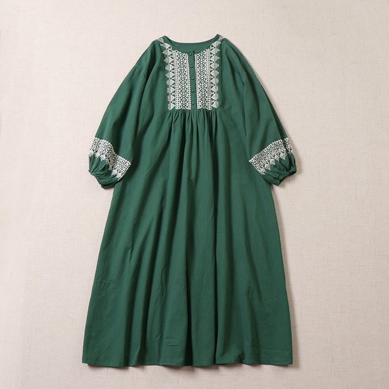 Buddha Stones Casual Artistic Geometric Embroidery Button Front Long Lantern Sleeve Cotton Linen Midi Dress
