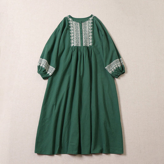 Buddha Stones Casual Artistic Geometric Embroidery Button Front Long Lantern Sleeve Cotton Linen Midi Dress