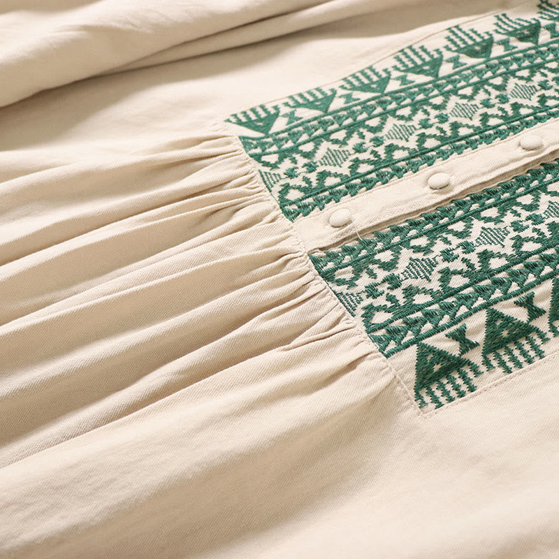 Buddha Stones Casual Artistic Geometric Embroidery Button Front Long Lantern Sleeve Cotton Linen Midi Dress