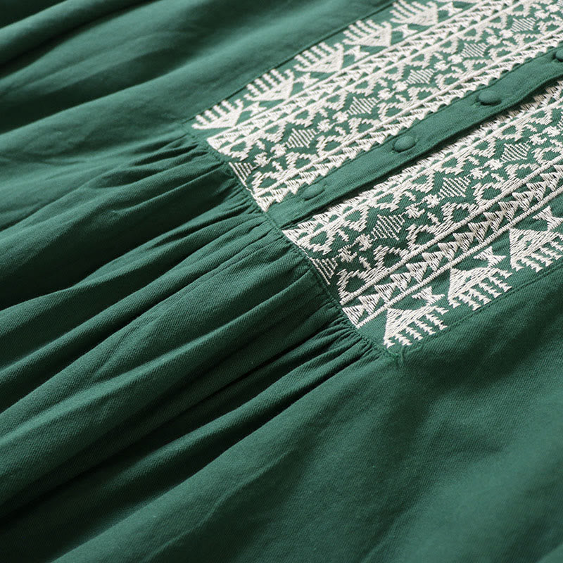 Buddha Stones Casual Artistic Geometric Embroidery Button Front Long Lantern Sleeve Cotton Linen Midi Dress