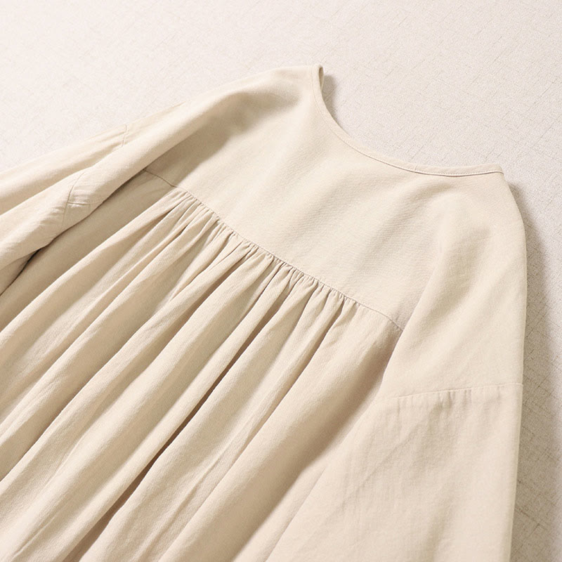 Buddha Stones Casual Artistic Geometric Embroidery Button Front Long Lantern Sleeve Cotton Linen Midi Dress
