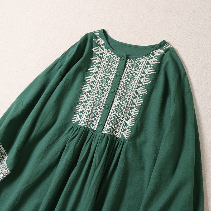 Buddha Stones Casual Artistic Geometric Embroidery Button Front Long Lantern Sleeve Cotton Linen Midi Dress