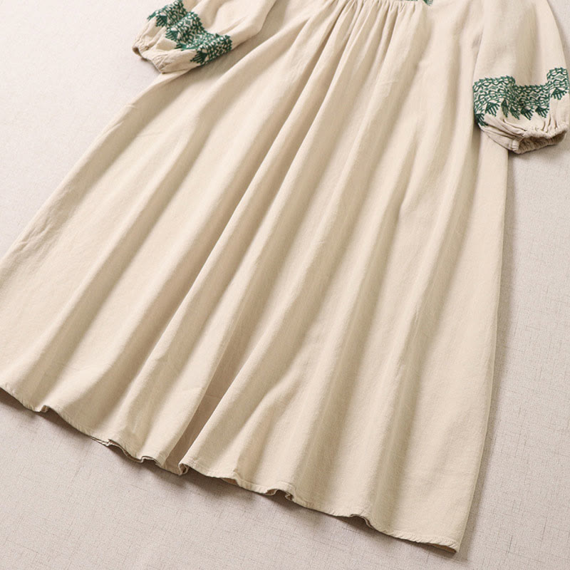 Buddha Stones Casual Artistic Geometric Embroidery Button Front Long Lantern Sleeve Cotton Linen Midi Dress