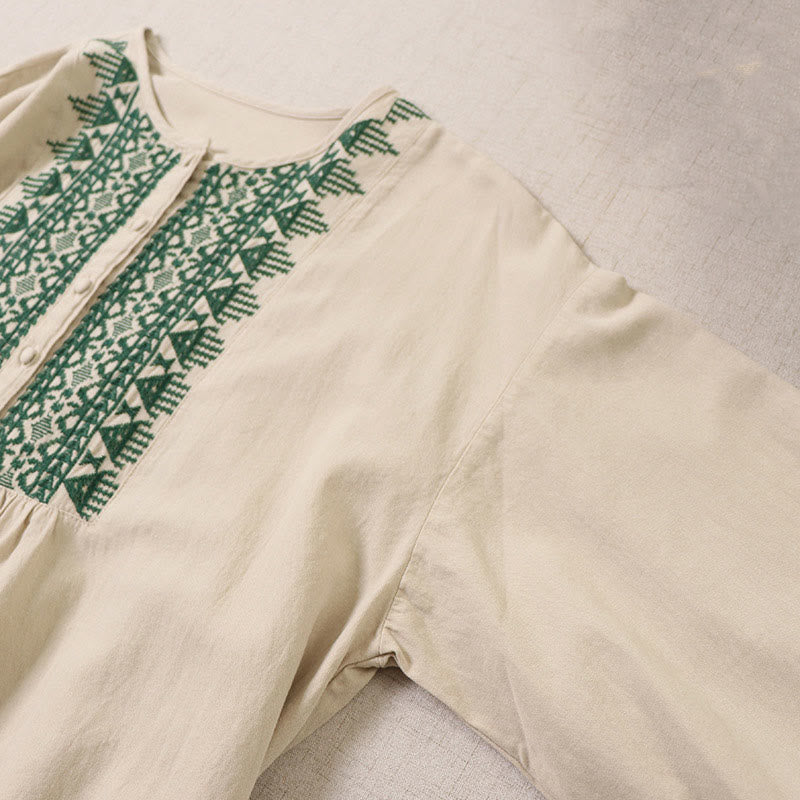 Buddha Stones Casual Artistic Geometric Embroidery Button Front Long Lantern Sleeve Cotton Linen Midi Dress