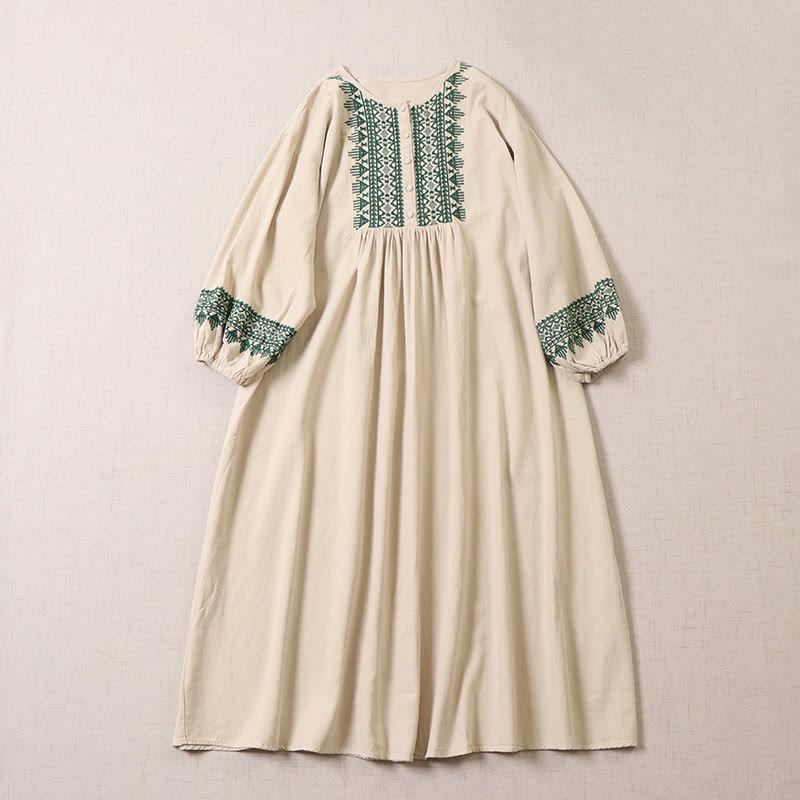 Buddha Stones Casual Artistic Geometric Embroidery Button Front Long Lantern Sleeve Cotton Linen Midi Dress