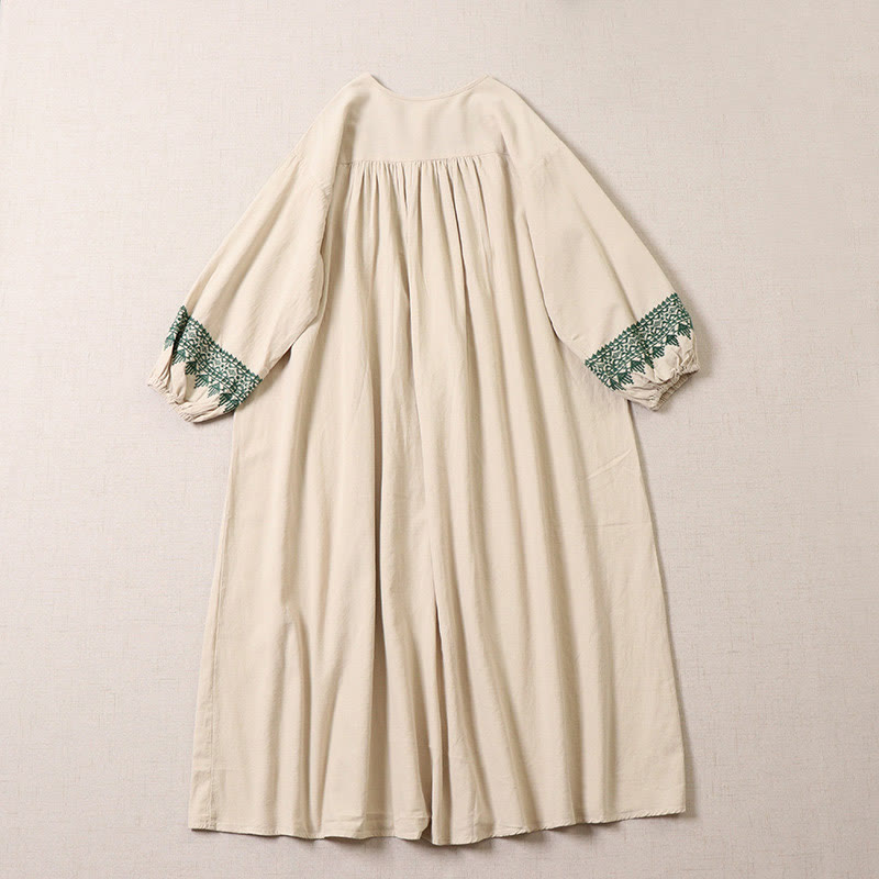 Buddha Stones Casual Artistic Geometric Embroidery Button Front Long Lantern Sleeve Cotton Linen Midi Dress