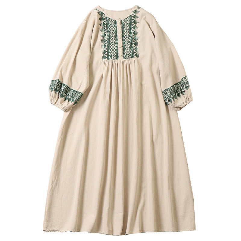 Buddha Stones Casual Artistic Geometric Embroidery Button Front Long Lantern Sleeve Cotton Linen Midi Dress