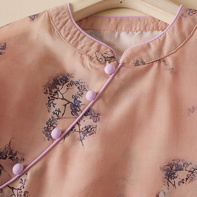 Buddha Stones Summer Vintage Printing Floral Slanted Button Stand Collar Design Half Sleeve Cotton Cheongsam Midi Dress With Pockets