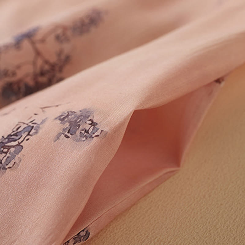 Buddha Stones Summer Vintage Printing Floral Slanted Button Stand Collar Design Half Sleeve Cotton Cheongsam Midi Dress With Pockets