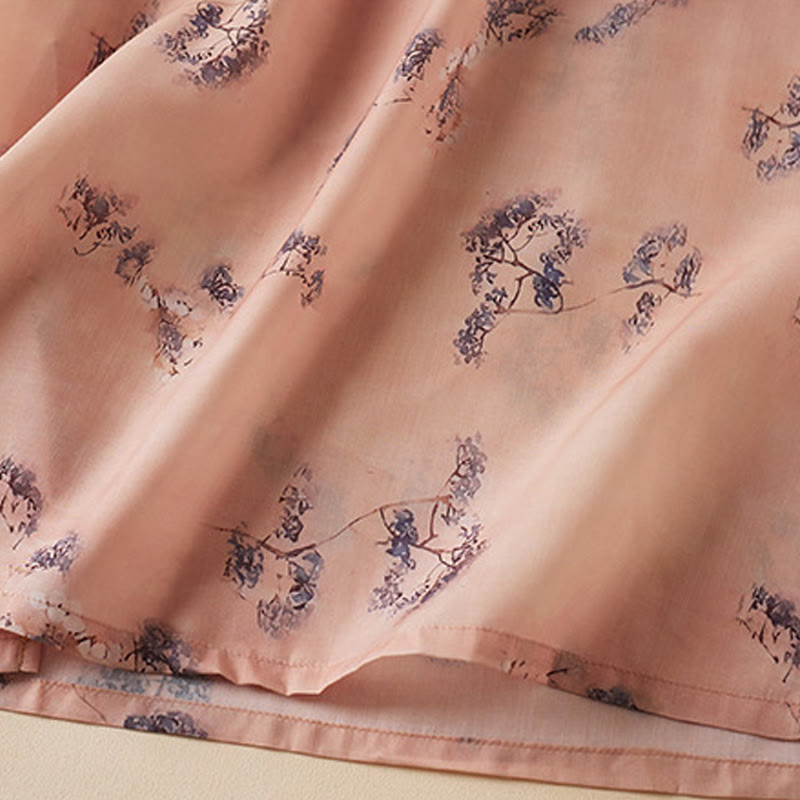 Buddha Stones Summer Vintage Printing Floral Slanted Button Stand Collar Design Half Sleeve Cotton Cheongsam Midi Dress With Pockets