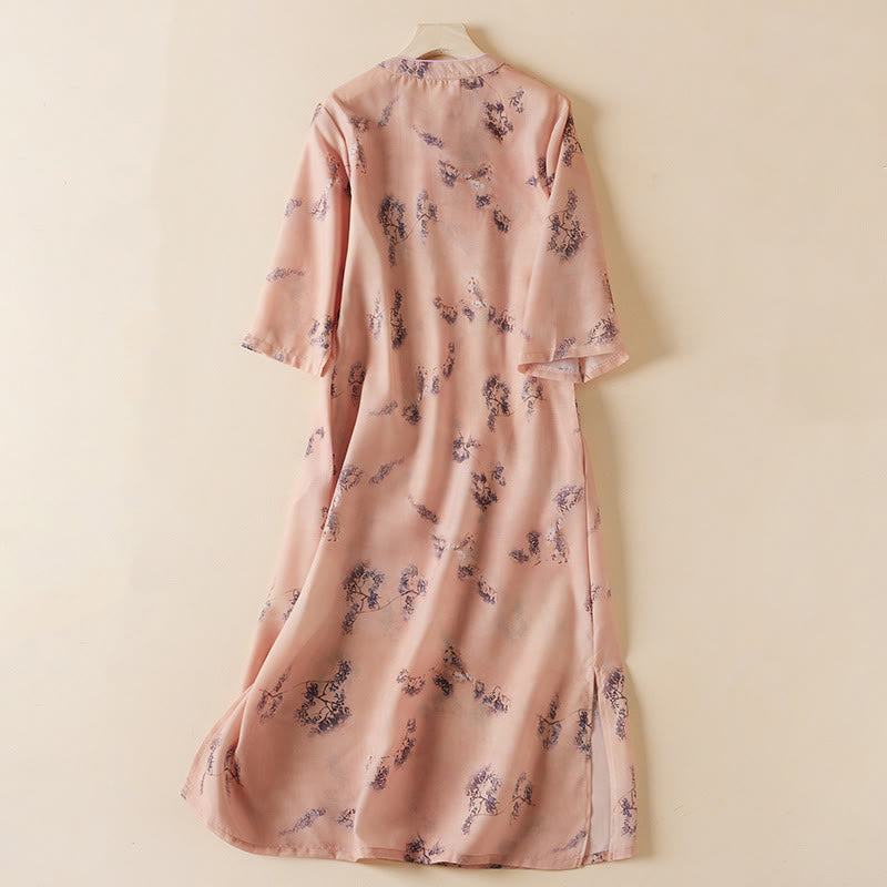 Buddha Stones Summer Vintage Printing Floral Slanted Button Stand Collar Design Half Sleeve Cotton Cheongsam Midi Dress With Pockets