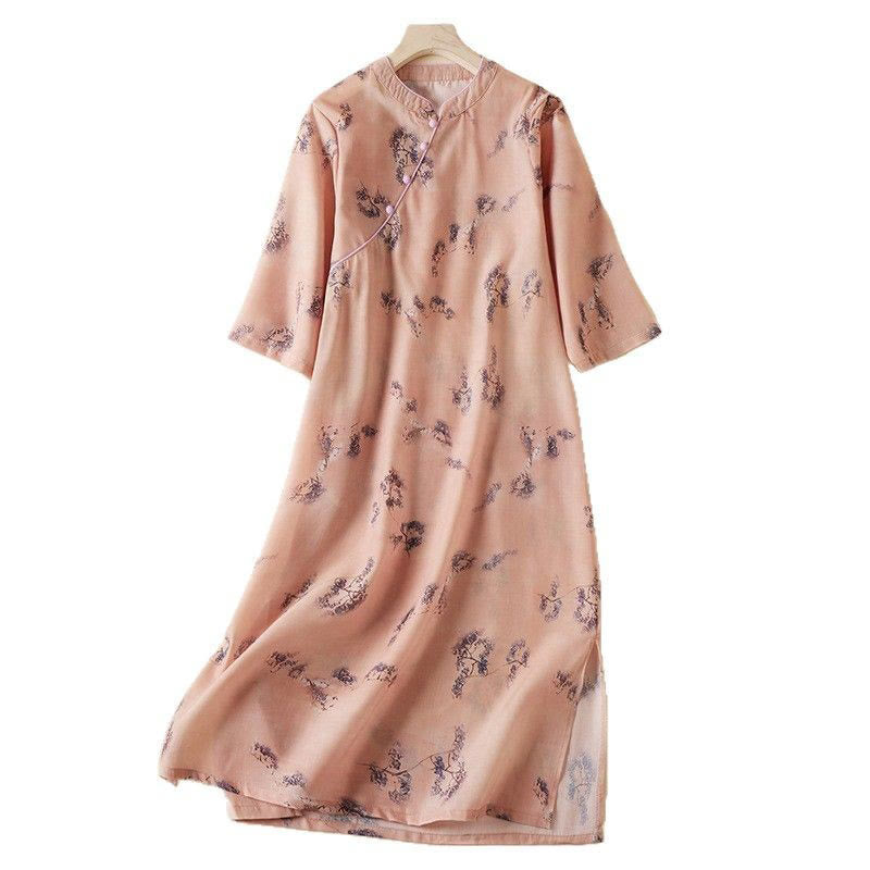 Buddha Stones Summer Vintage Printing Floral Slanted Button Stand Collar Design Half Sleeve Cotton Cheongsam Midi Dress With Pockets