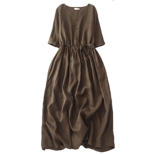 Buddha Stones Vintage Casual Solid Color Pleat Drawstring Design Half Sleeve Cotton Linen Midi Dress With Pockets