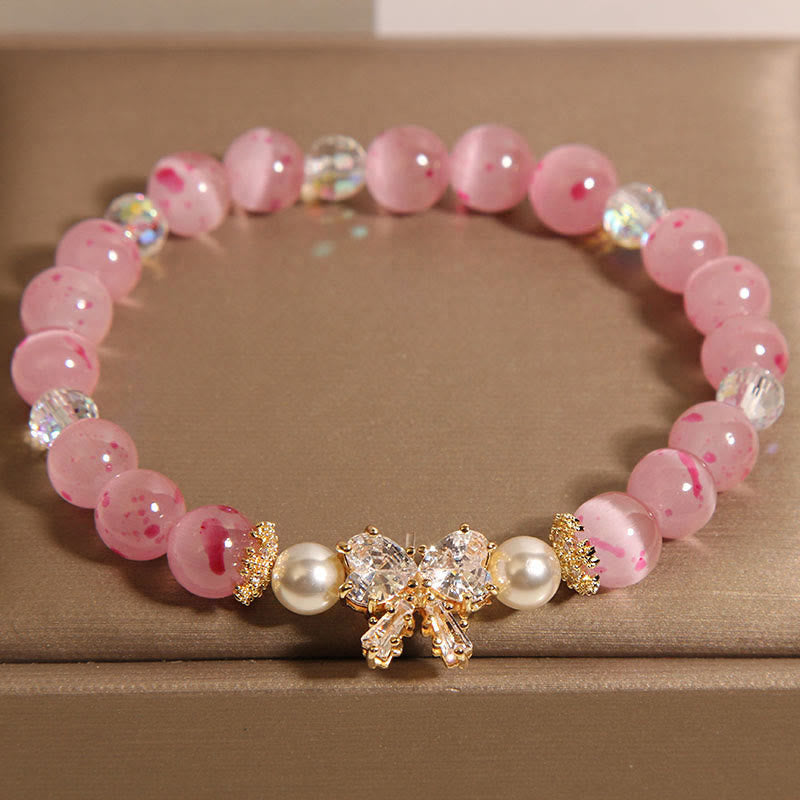 Buddha Stones Cherry Blossom Pink Cat's Eye Pearl Bow-knot Rosette Support Bracelet