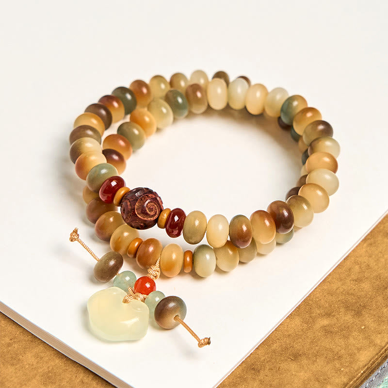 Buddha Stones Colorful Bodhi Seed Peace Lock Charm Wisdom Abacus Beads Double Wrap Bracelet