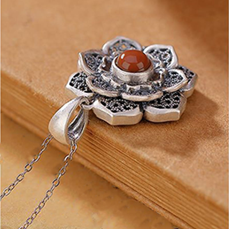 Buddha Stones Tibetan Om Mani Padme Hum Lotus Pattern Red Agate Copper Peace Necklace Pendant