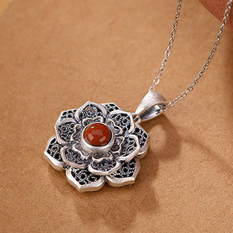 Buddha Stones Tibetan Om Mani Padme Hum Lotus Pattern Red Agate Copper Peace Necklace Pendant