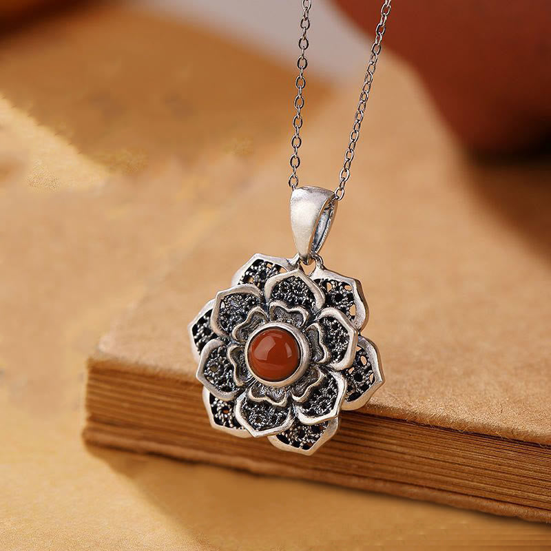 Buddha Stones Tibetan Om Mani Padme Hum Lotus Pattern Red Agate Copper Peace Necklace Pendant